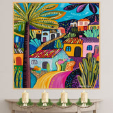 Vibrant Folk Art Canvas – Bold Colors and Abstract Village with Cacti and Palm Trees on Ready to Hang 1.5" Thick Canvas Wrap, Floating Framed Canvas, Flat Rolled Canvas